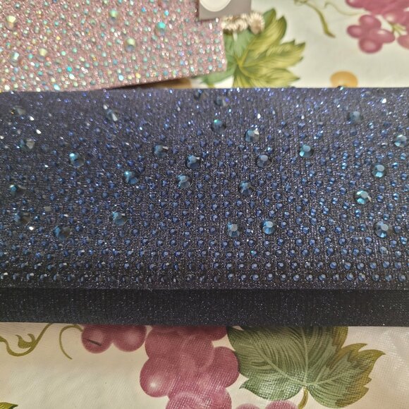 A376-NWT Jessica McClintock Chloe Navy Rhinestone Clutch/Shoulder - Picture 1 of 4
